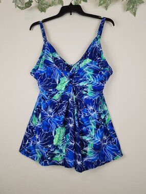 Women's Size 24 Floral Tropical Paradise Blue Green Swim Beach Tankini Top NWT